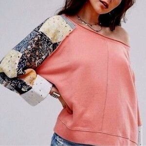Free People Off-the-Shoulder Pink Patchwork Sweater